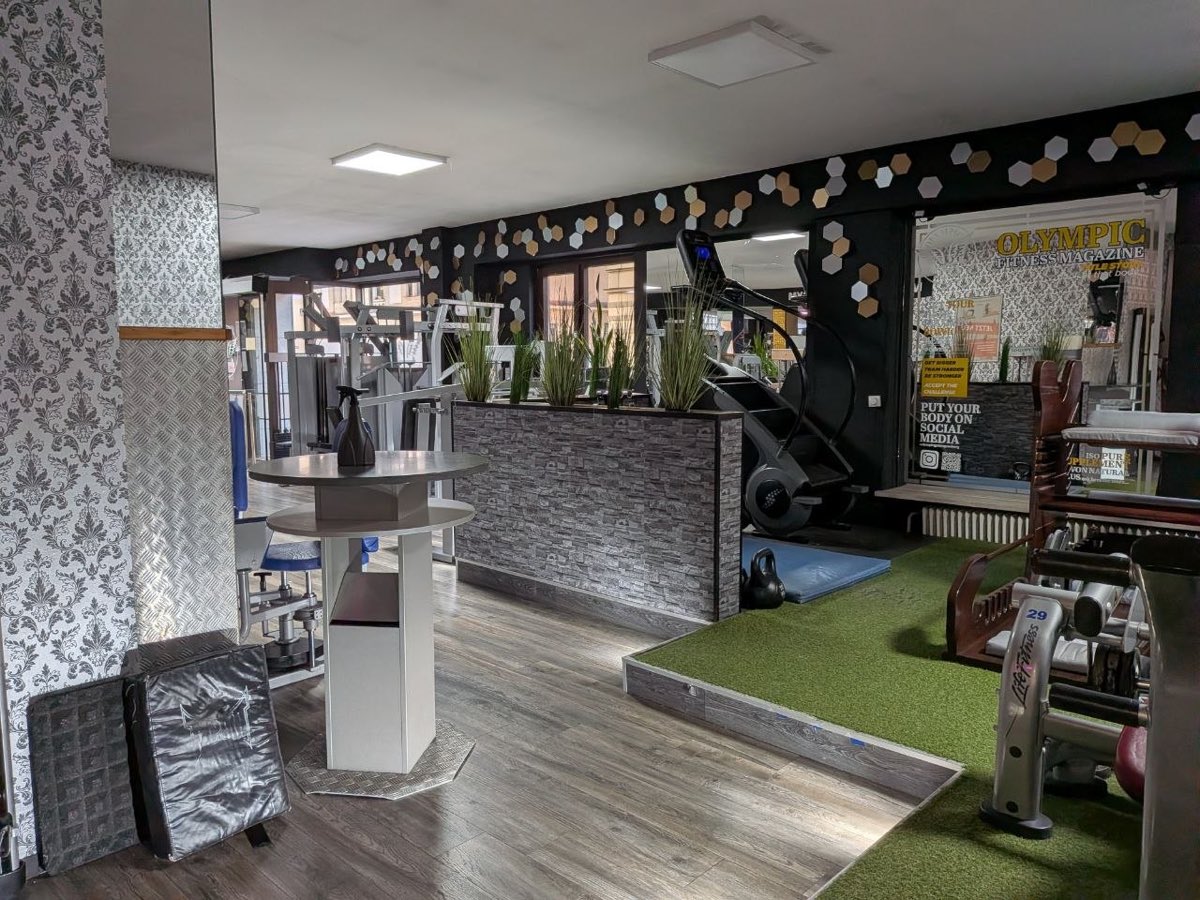 Rudergerät und Cardio-Ecke auf Kunstrasen